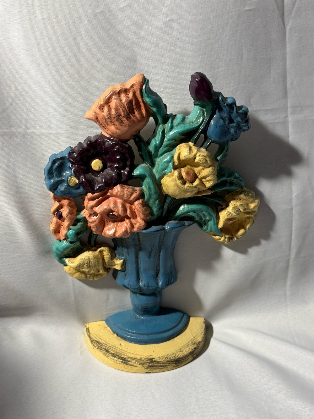 Cast Iron Floral Vase Reproduction Door Stop in Blue, Yellow, Green, Orange